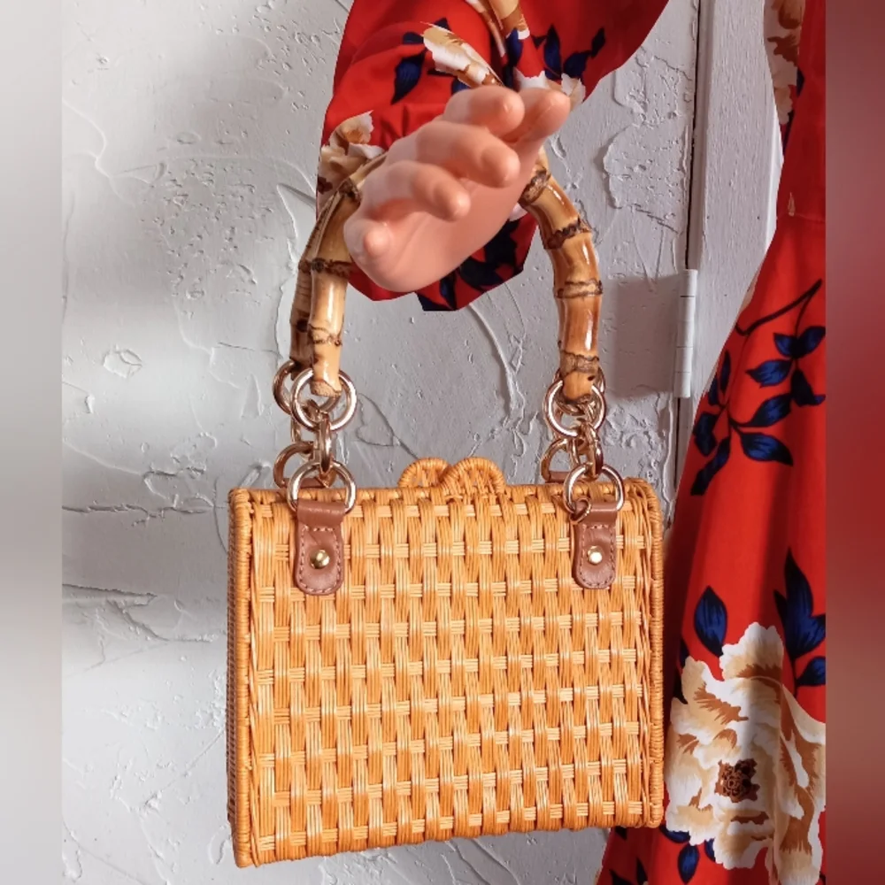 Serpui Paola Wicker Bag with Bamboo handles & strap. MSRP $398